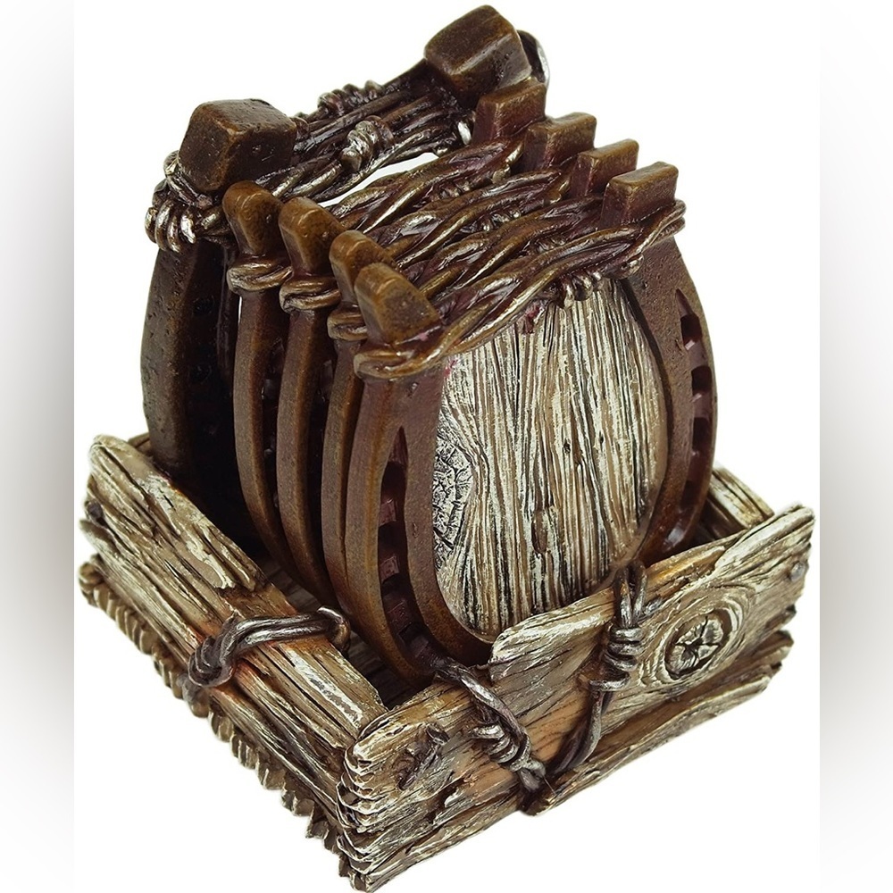 Horseshoe Coaster Set with Holder Collectible Wood Look